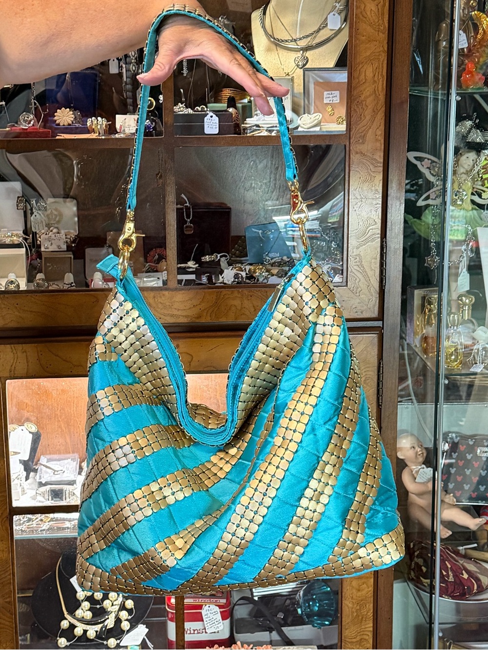 SHIH SHIH by Stephanie Lin Turquoise Gold oversize Studded tote bag